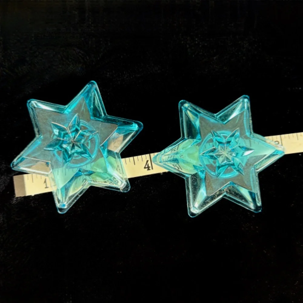 2 Blue Star of David Candleholders Vintage MCM Bohemian Glass Original Box - Picture 5 of 10